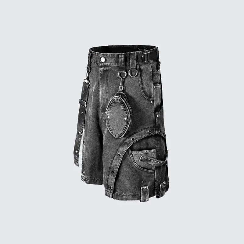 Retro high street loose fit high waist denim shorts in washed pearl canvas fabric