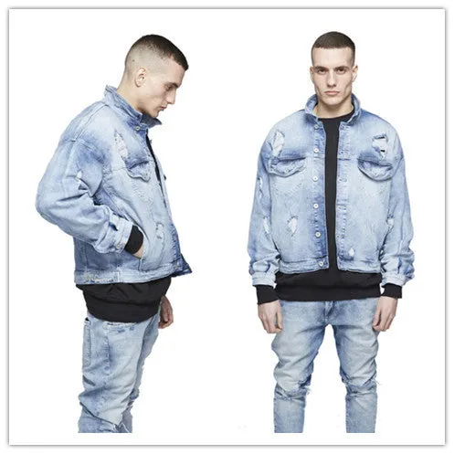 Light blue loose fit cotton men's coat with batwing sleeves and patch pockets