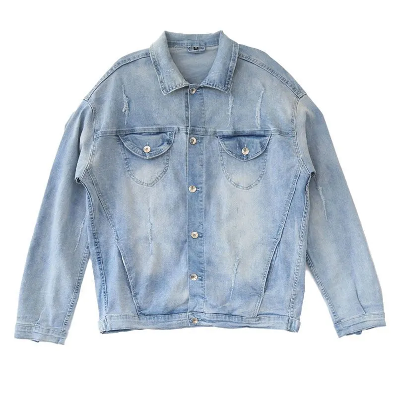 Light blue loose fit cotton men's coat with batwing sleeves and patch pockets