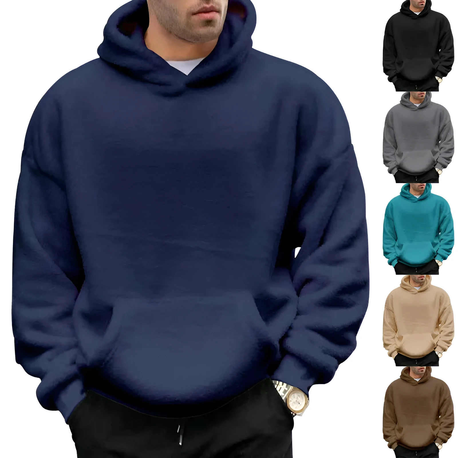 Double-sided velvet hooded sweater for men in plush fabric with side pocket, pullover style, available in multiple colours including navy blue and gray