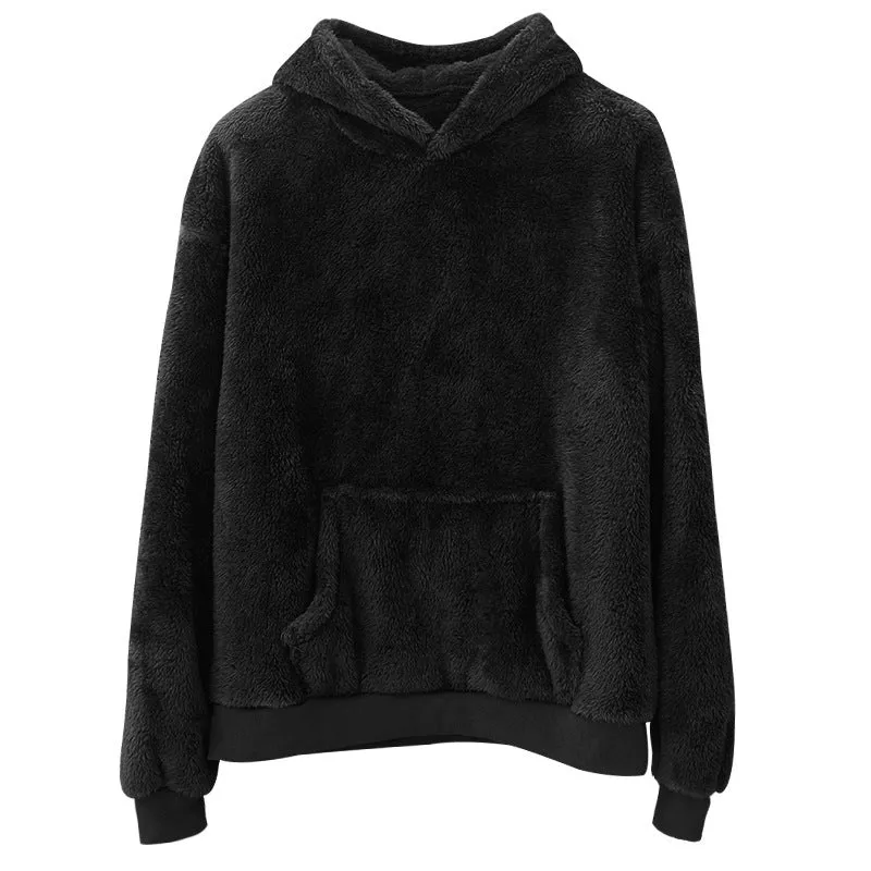 Double-sided velvet hooded sweater for men in plush fabric with side pocket, pullover style, available in multiple colours including navy blue and gray