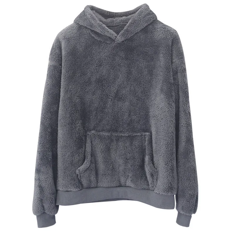 Double-sided velvet hooded sweater for men in plush fabric with side pocket, pullover style, available in multiple colours including navy blue and gray