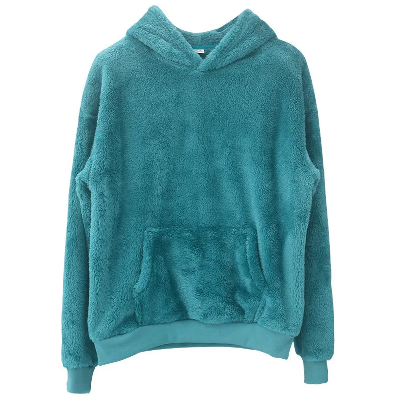 Double-sided velvet hooded sweater for men in plush fabric with side pocket, pullover style, available in multiple colours including navy blue and gray