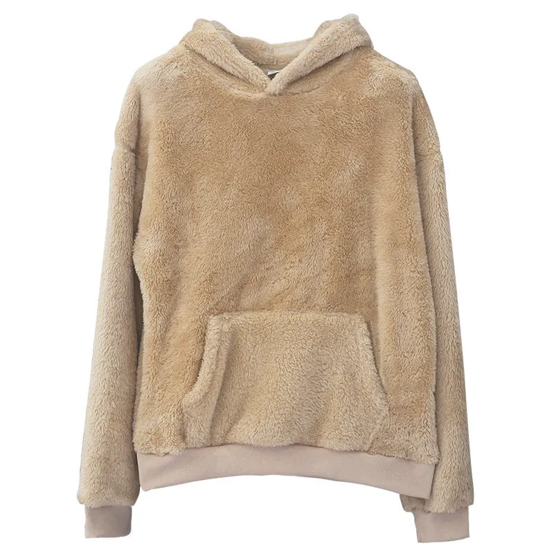 Double-sided velvet hooded sweater for men in plush fabric with side pocket, pullover style, available in multiple colours including navy blue and gray