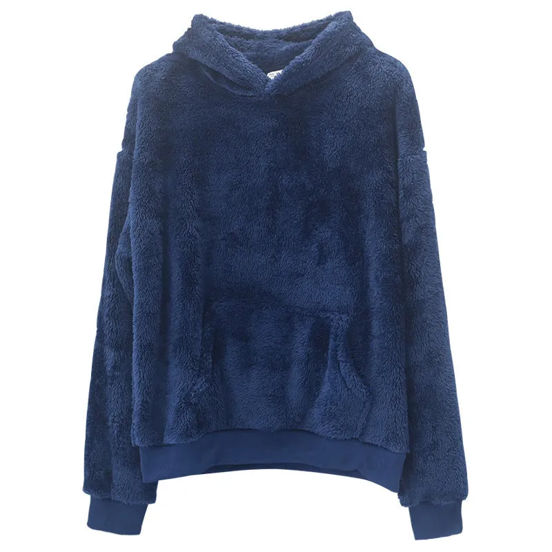 Double-sided velvet hooded sweater for men in plush fabric with side pocket, pullover style, available in multiple colours including navy blue and gray