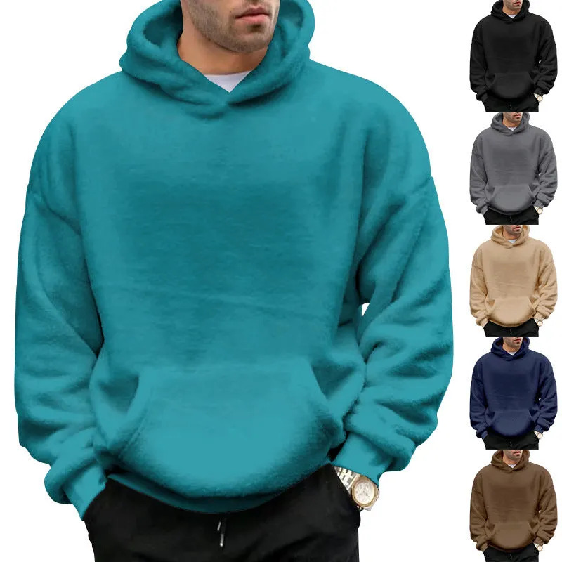 Double-sided velvet hooded sweater for men in plush fabric with side pocket, pullover style, available in multiple colours including navy blue and gray