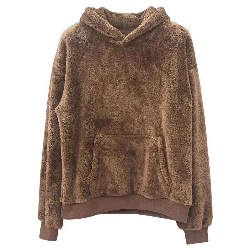 Double-sided velvet hooded sweater for men in plush fabric with side pocket, pullover style, available in multiple colours including navy blue and gray