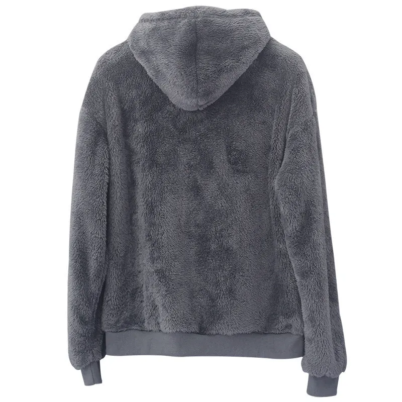 Double-sided velvet hooded sweater for men in plush fabric with side pocket, pullover style, available in multiple colours including navy blue and gray
