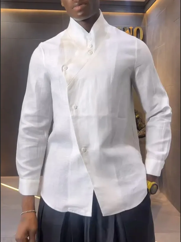 White asymmetric front long sleeve shirt with black pleated trousers casual matching set