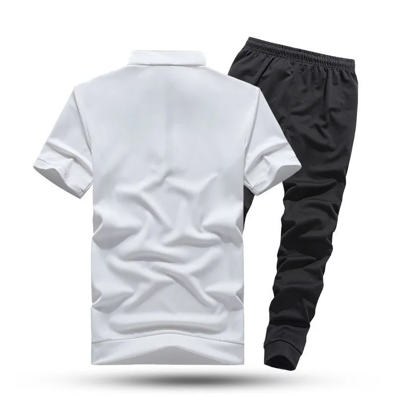 Men's summer sportswear two-piece set with quarter-sleeve top and capri trousers in black suit