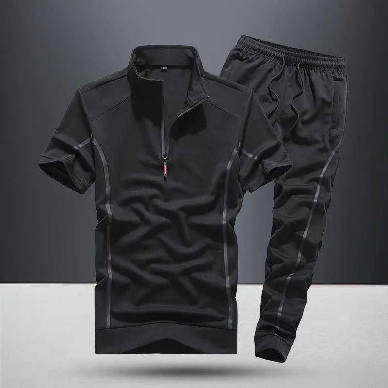 Men's summer sportswear two-piece set with quarter-sleeve top and capri trousers in black suit