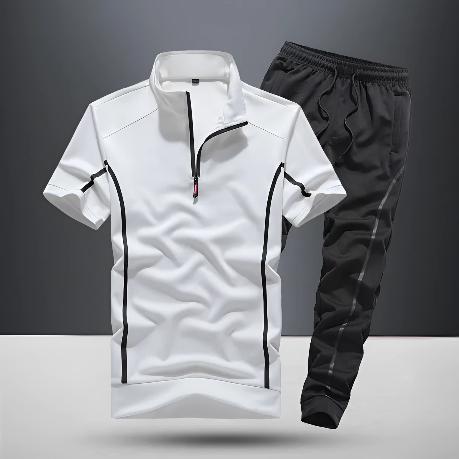 Men's summer sportswear two-piece set with quarter-sleeve top and capri trousers in black suit