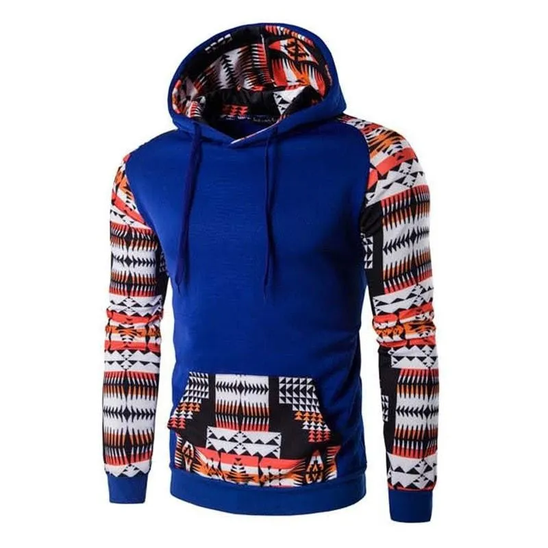 Men's Aztec pattern hoodie in grey with geometric print and hood, front view