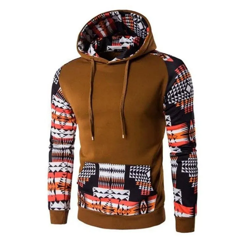 Men's Aztec pattern hoodie in grey with geometric print and hood, front view