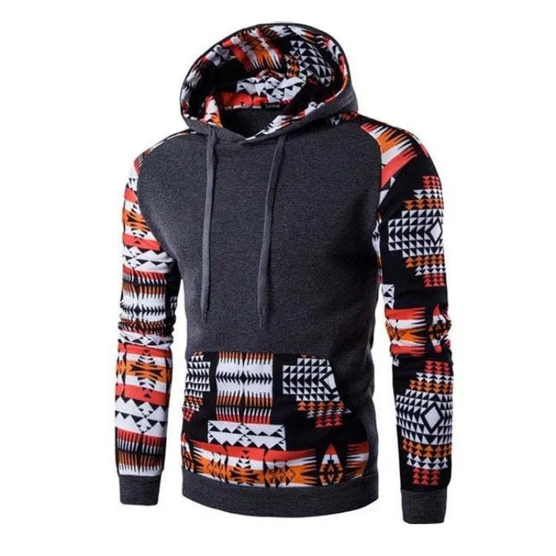 Men's Aztec pattern hoodie in grey with geometric print and hood, front view