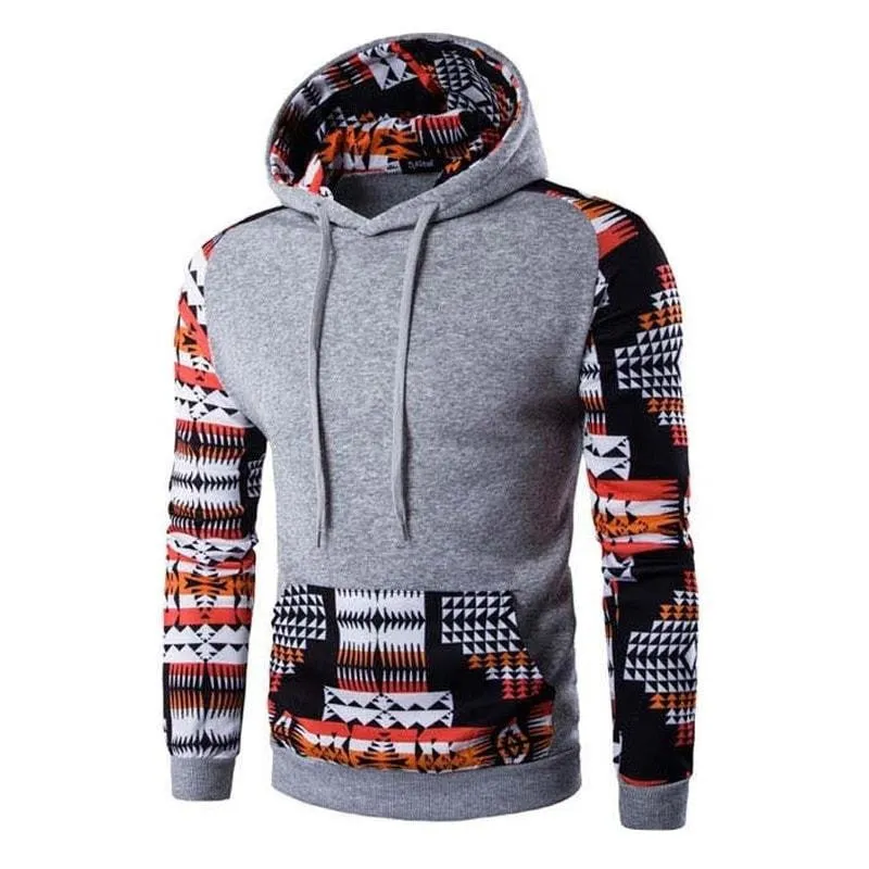 Men's Aztec pattern hoodie in grey with geometric print and hood, front view