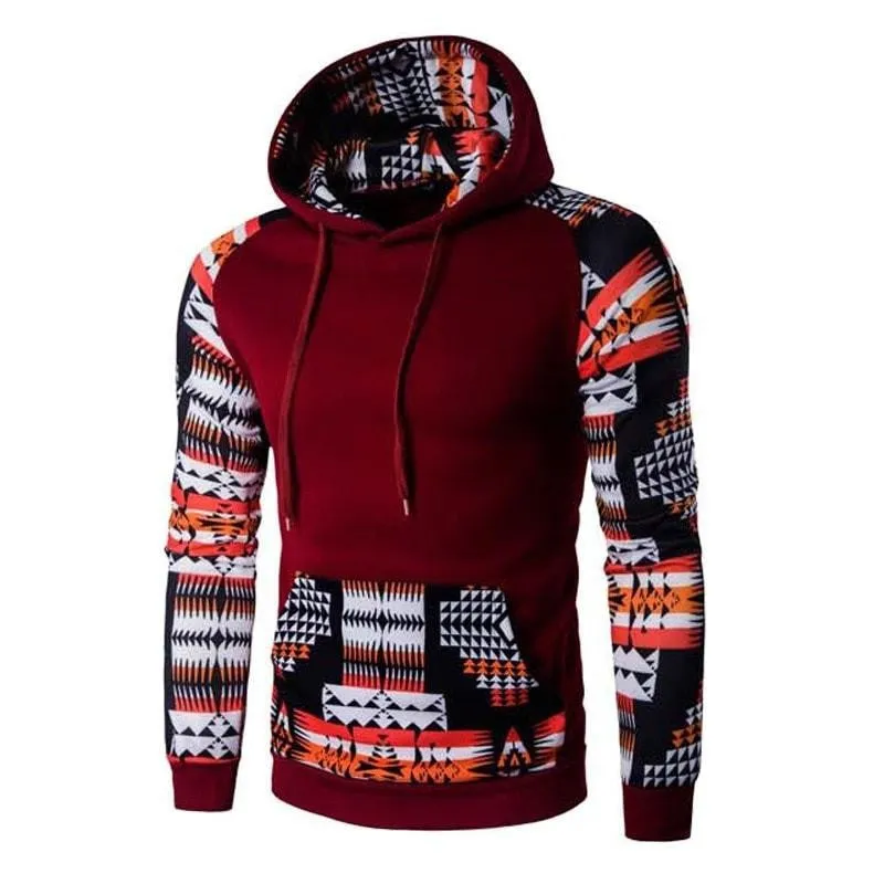Men's Aztec pattern hoodie in grey with geometric print and hood, front view