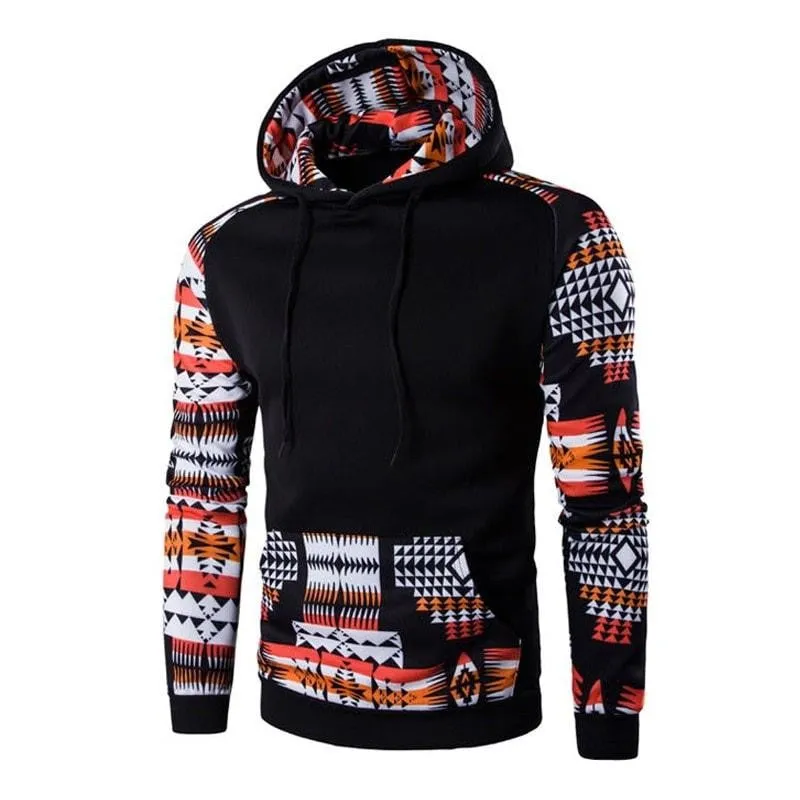 Men's Aztec pattern hoodie in grey with geometric print and hood, front view