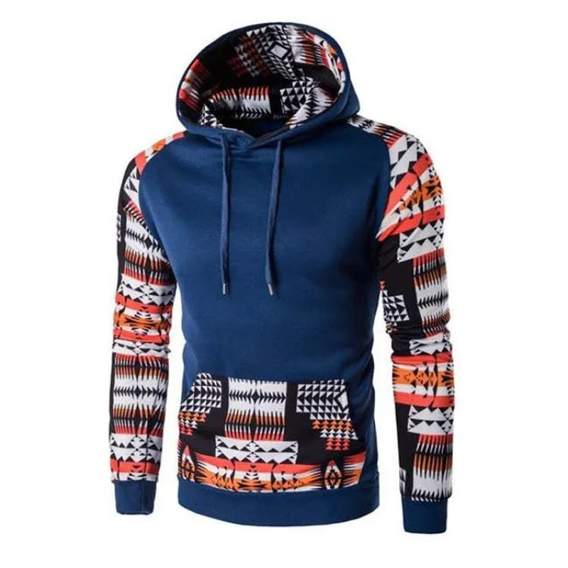 Men's Aztec pattern hoodie in grey with geometric print and hood, front view