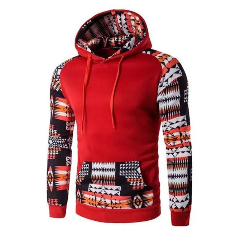Men's Aztec pattern hoodie in grey with geometric print and hood, front view