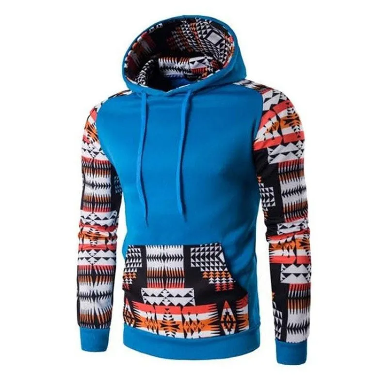 Men's Aztec pattern hoodie in grey with geometric print and hood, front view