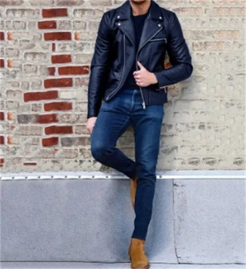 Men's denim look leather jacket in black, polyester blend, front view, sizes S to 3XL