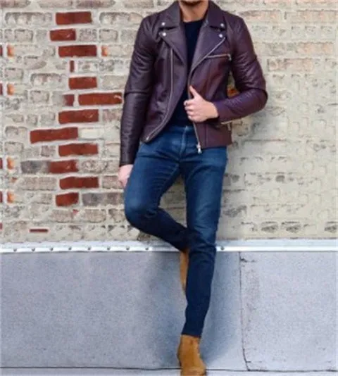 Men's denim look leather jacket in black, polyester blend, front view, sizes S to 3XL