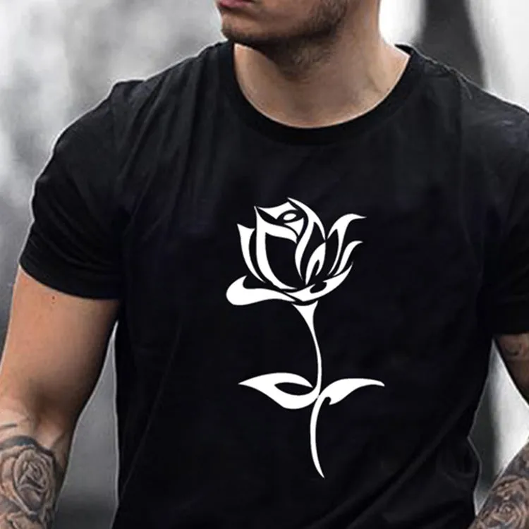 Men's black cotton rose print round neck short sleeve T-shirt, loose fit, front view