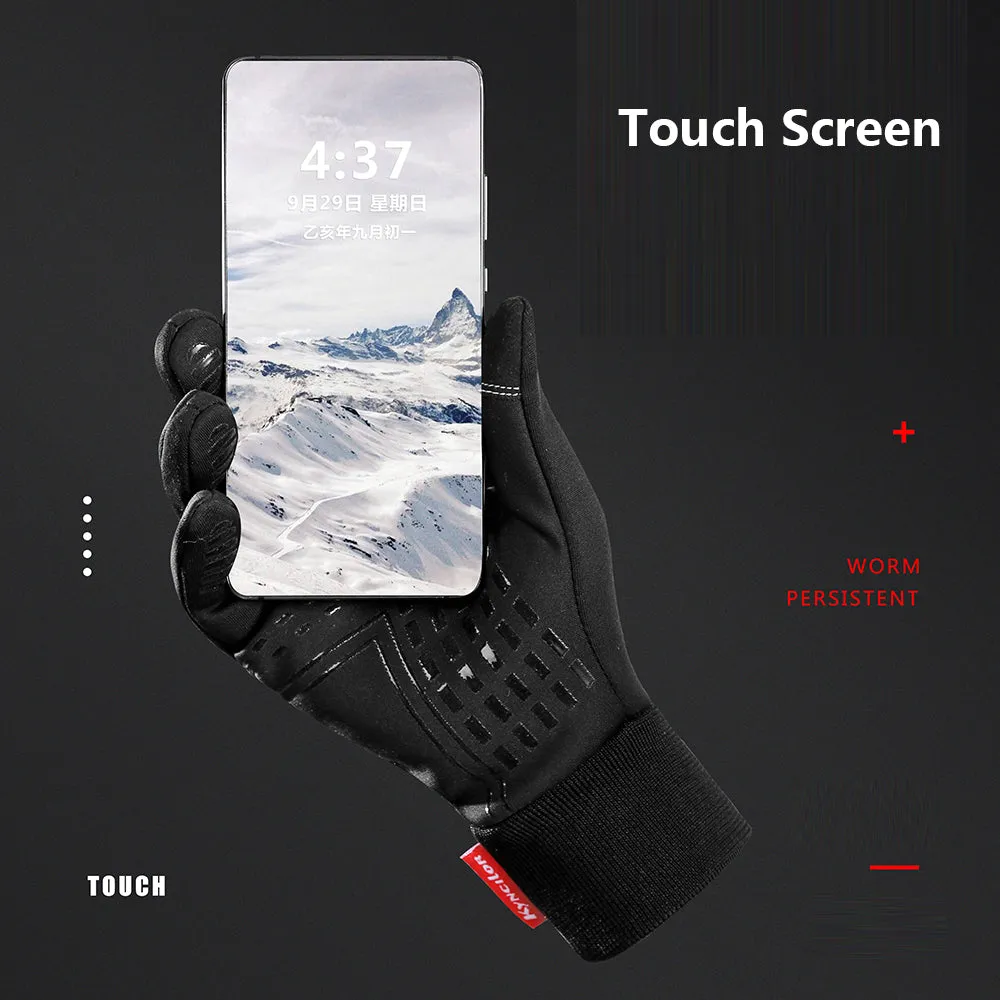 Black winter outdoor sports gloves with touchscreen fingertips, size M, on a white background