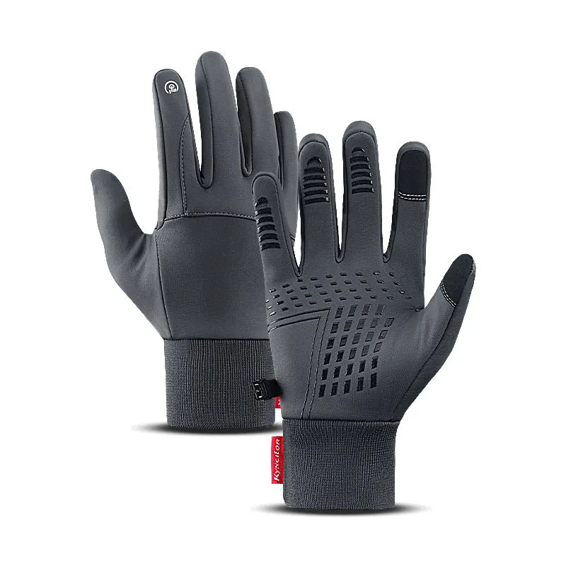 Black winter outdoor sports gloves with touchscreen fingertips, size M, on a white background