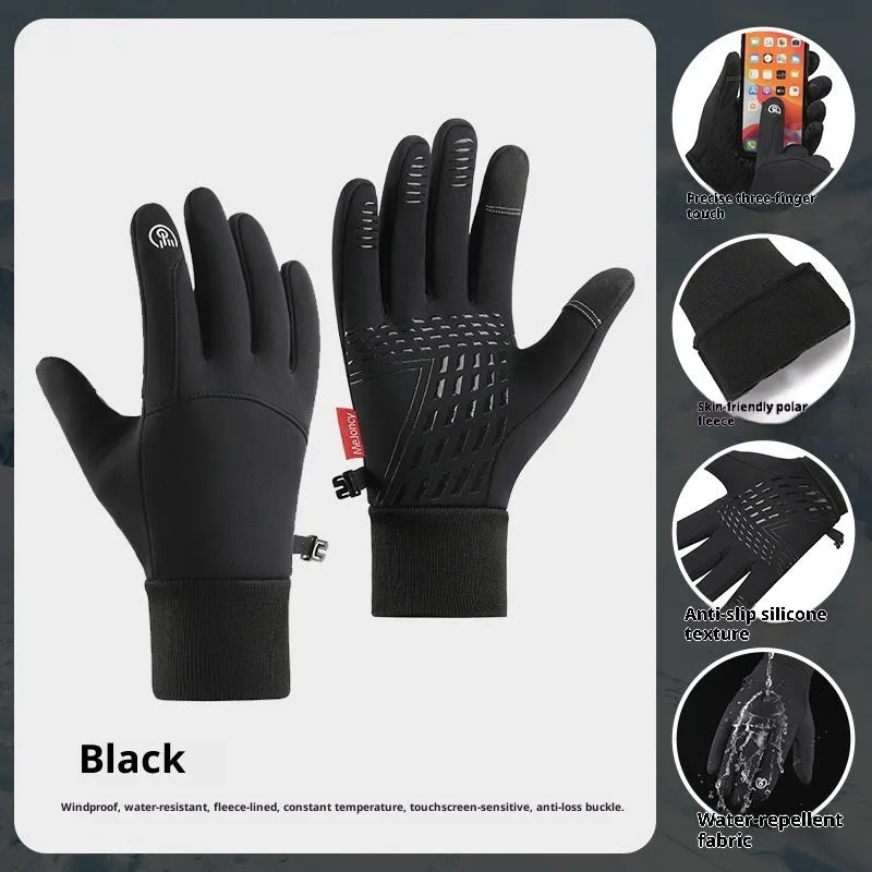 Black winter outdoor sports gloves with touchscreen fingertips, size M, on a white background