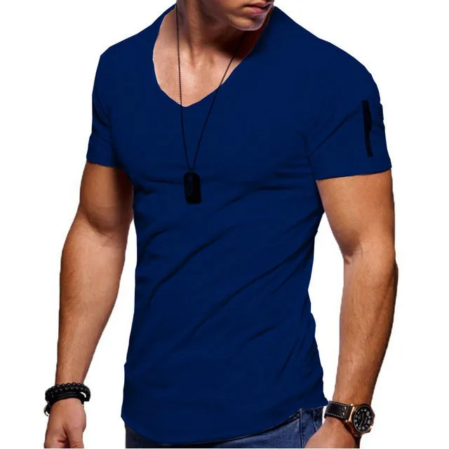 Men's short sleeve V-neck slim fit polyester T-shirt in dark gray, front view, plain pattern