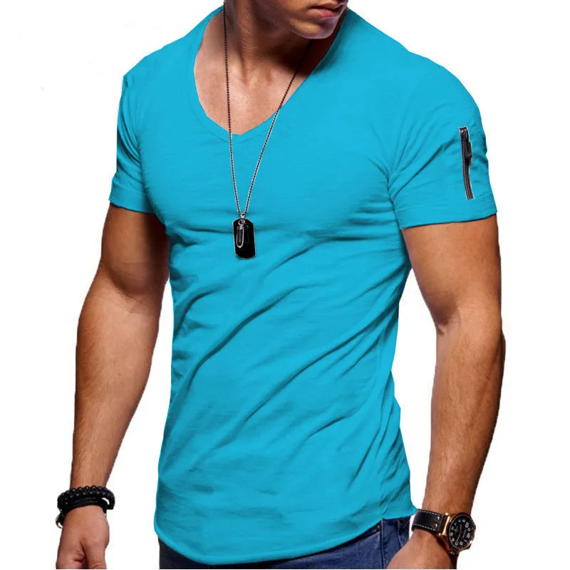 Men's short sleeve V-neck slim fit polyester T-shirt in dark gray, front view, plain pattern