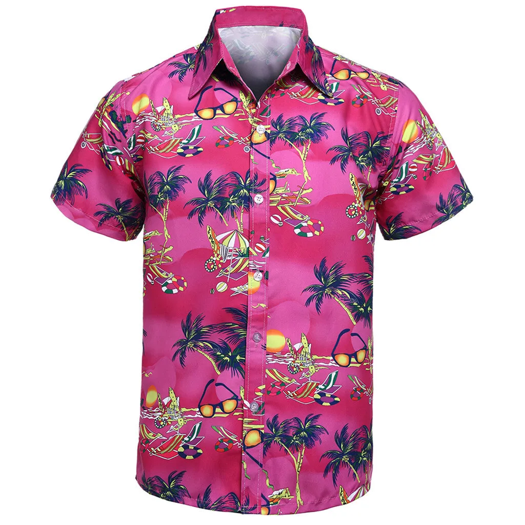 Men's short sleeve printed polyester beach shirt in blue, summer casual wear