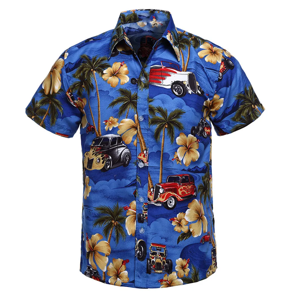 Men's short sleeve printed polyester beach shirt in blue, summer casual wear