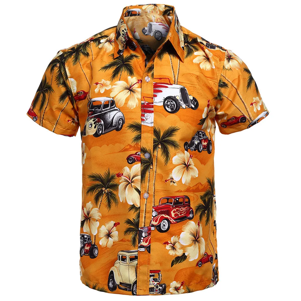 Men's short sleeve printed polyester beach shirt in blue, summer casual wear