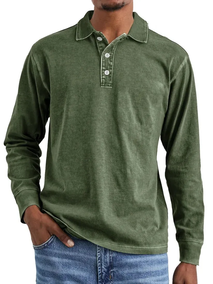 Retro washed distressed pure cotton long sleeve polo shirt with lapel collar in multiple colours.