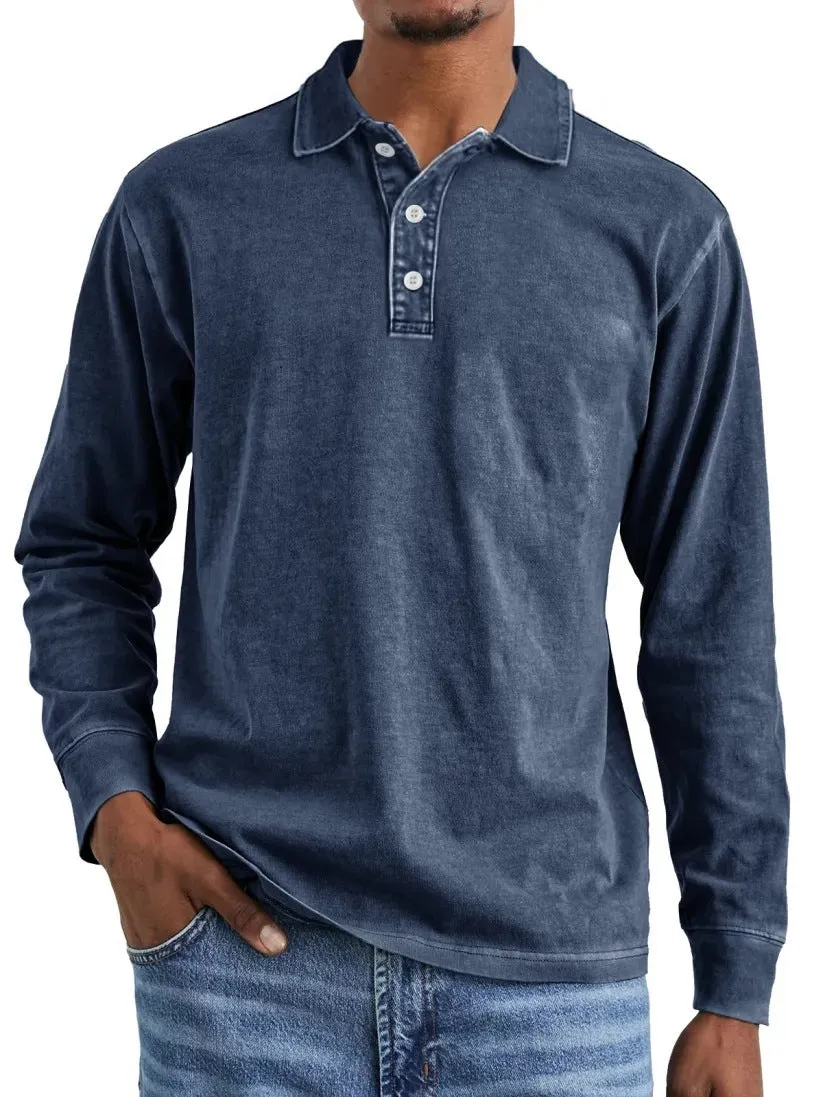 Retro washed distressed pure cotton long sleeve polo shirt with lapel collar in multiple colours.