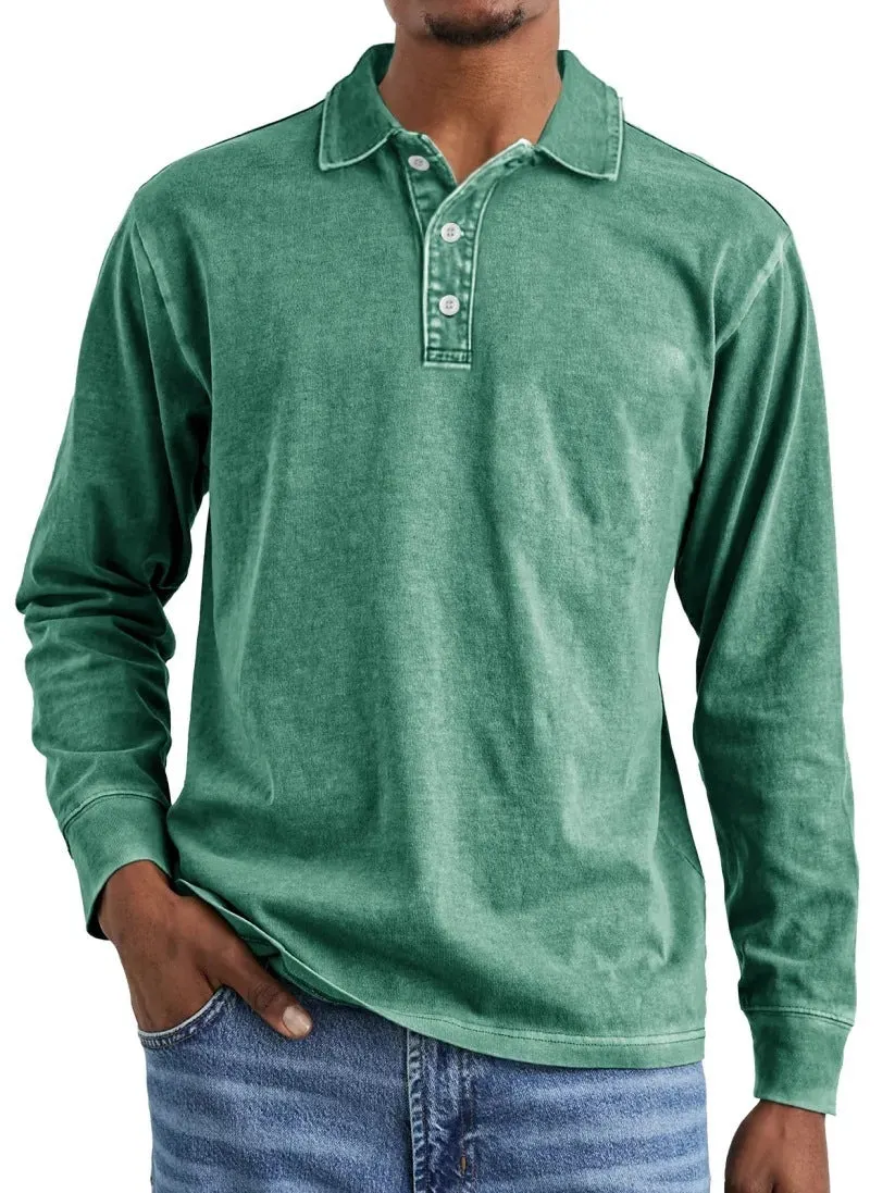 Retro washed distressed pure cotton long sleeve polo shirt with lapel collar in multiple colours.