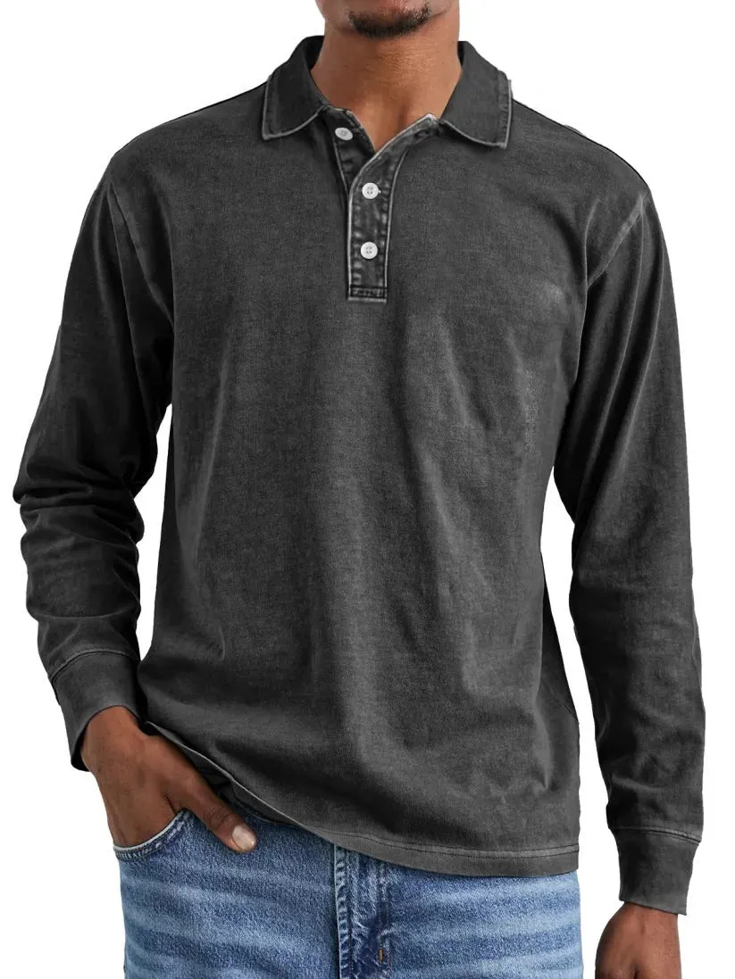 Retro washed distressed pure cotton long sleeve polo shirt with lapel collar in multiple colours.
