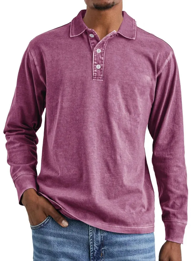 Retro washed distressed pure cotton long sleeve polo shirt with lapel collar in multiple colours.