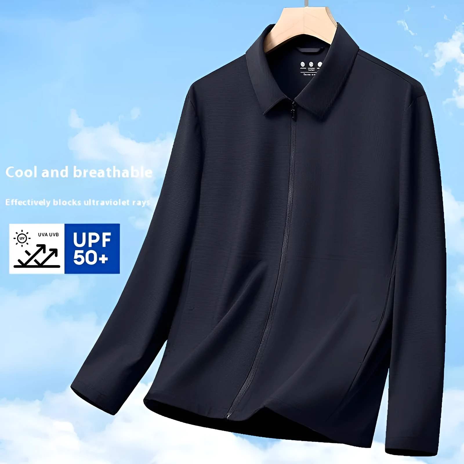 Summer ice silk sun protection coat in navy blue with lapel collar, regular fit for business administration