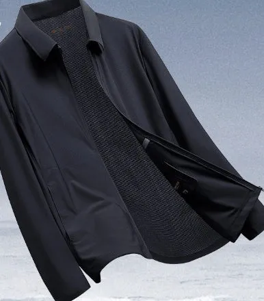 Summer ice silk sun protection coat in navy blue with lapel collar, regular fit for business administration
