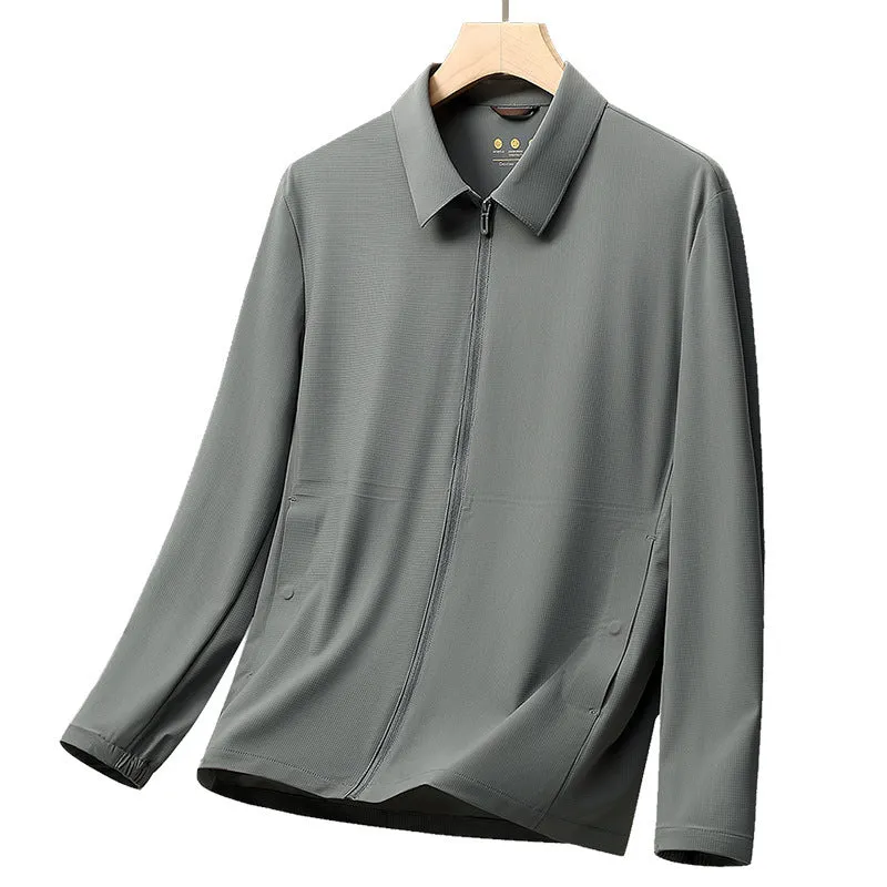 Summer ice silk sun protection coat in navy blue with lapel collar, regular fit for business administration