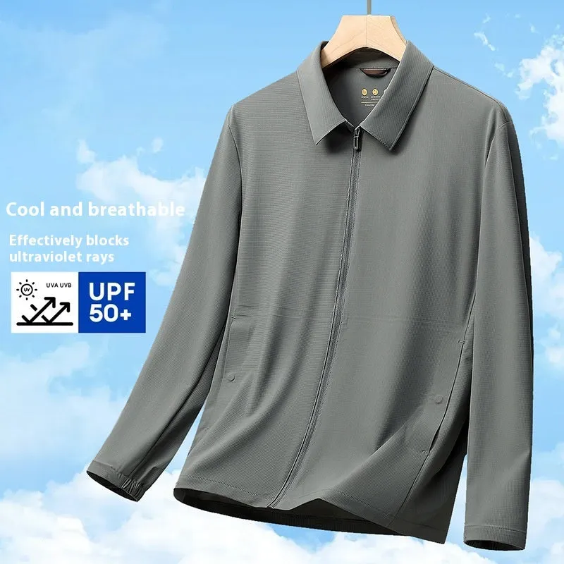 Summer ice silk sun protection coat in navy blue with lapel collar, regular fit for business administration