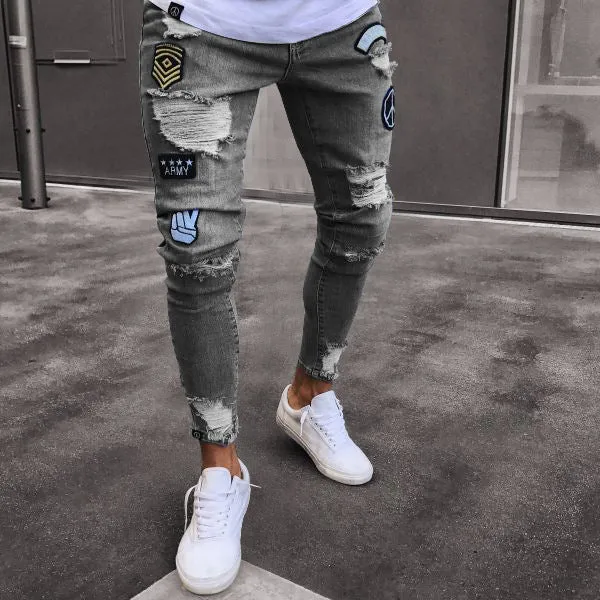 Cotton knee hole zipper trousers in black, blue, and white, mid-waist fit