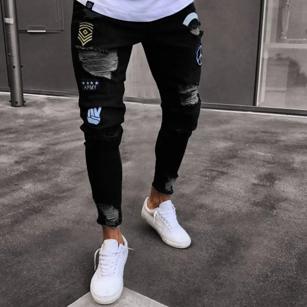 Cotton knee hole zipper trousers in black, blue, and white, mid-waist fit