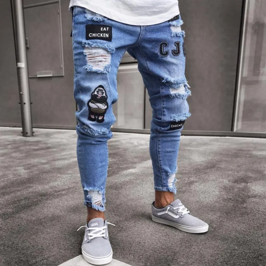 Cotton knee hole zipper trousers in black, blue, and white, mid-waist fit