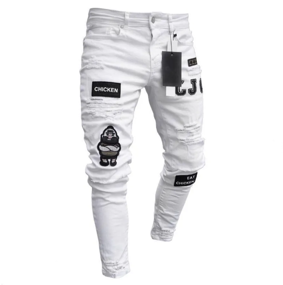 Cotton knee hole zipper trousers in black, blue, and white, mid-waist fit