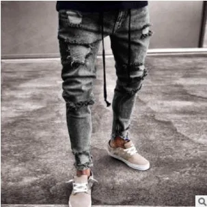 Cotton knee hole zipper trousers in black, blue, and white, mid-waist fit